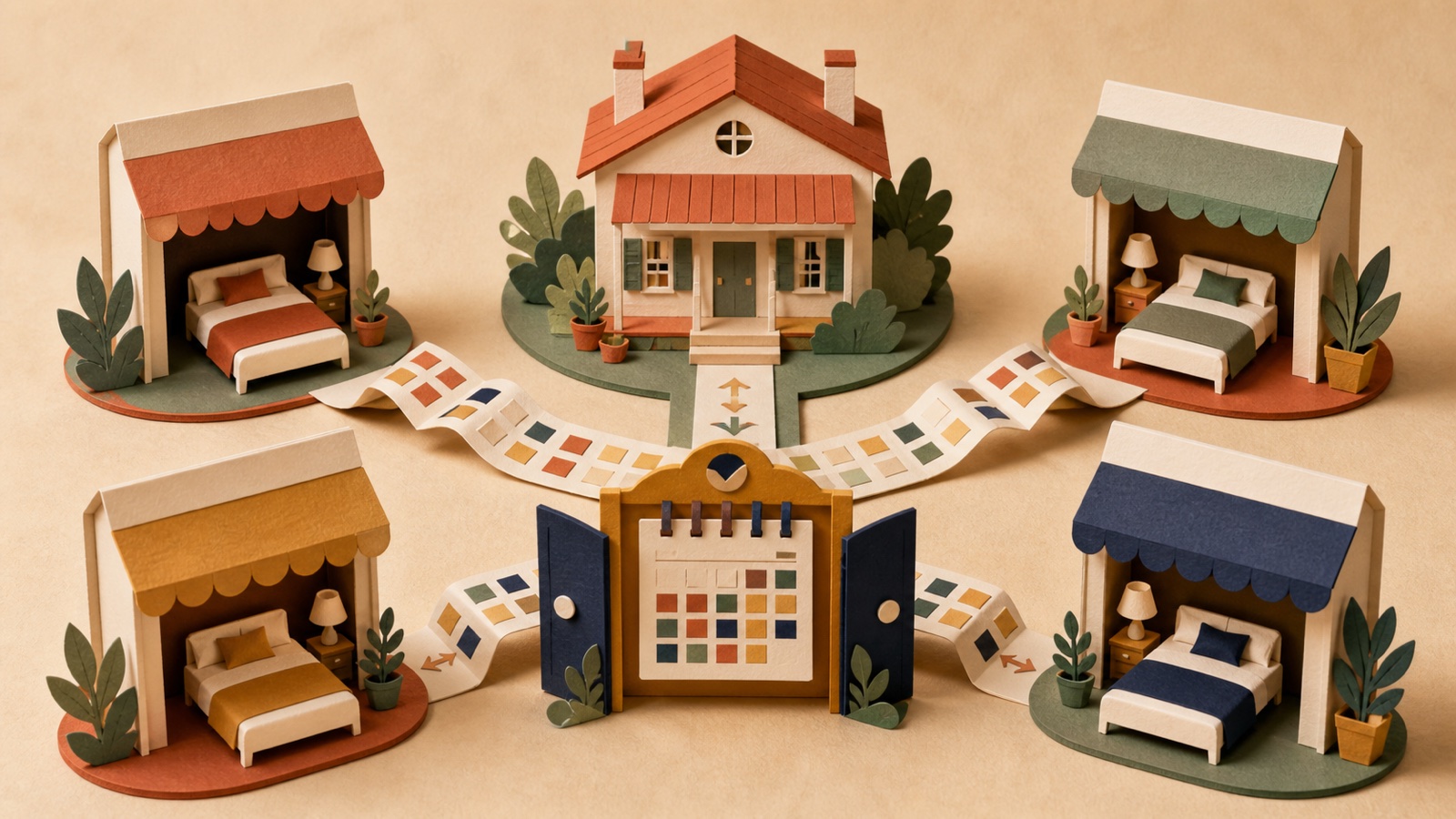 Paper diorama of a master vacation rental calendar connecting one property to multiple booking channels