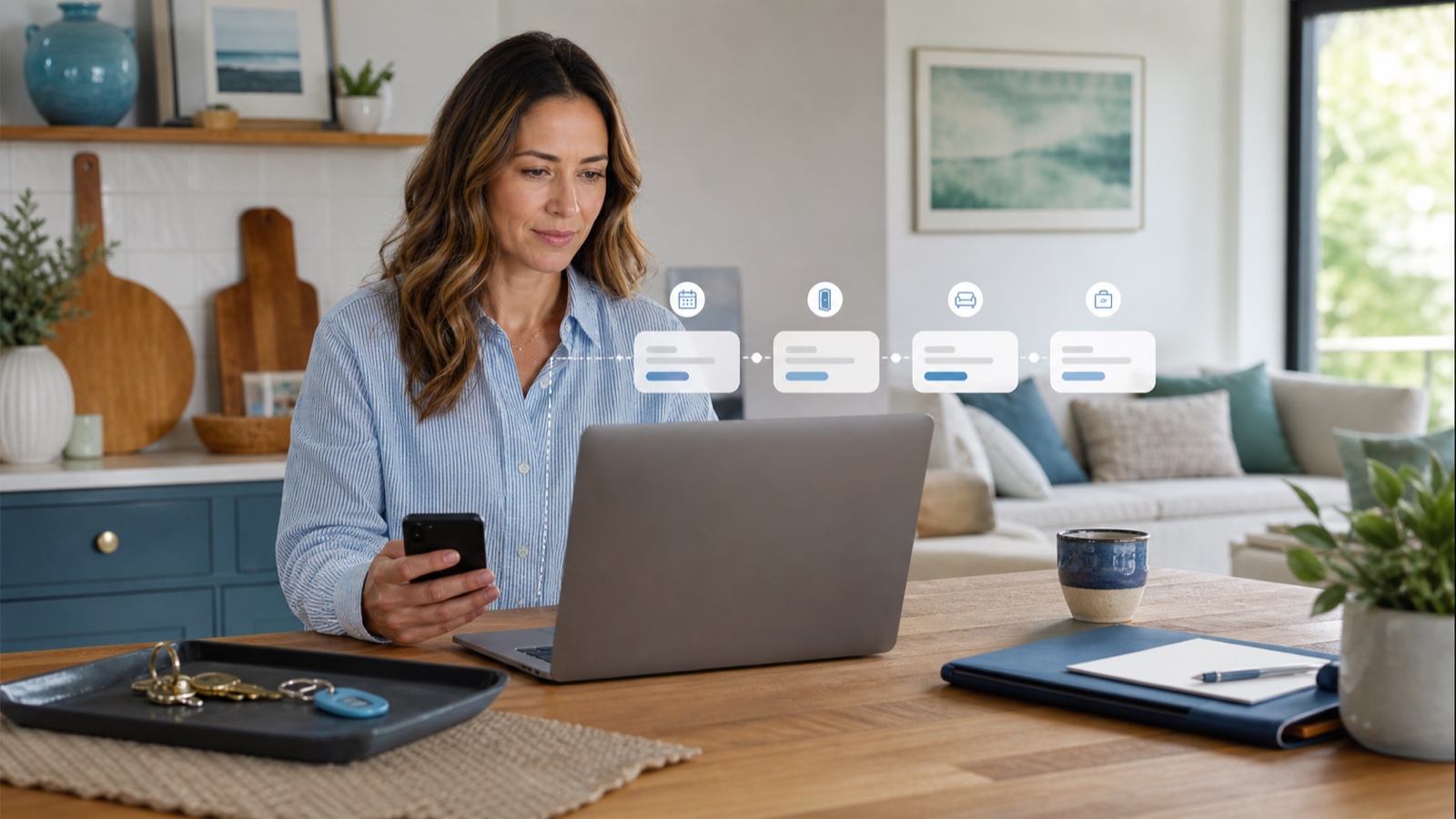 Vacation rental host reviewing an automated guest messaging timeline on a laptop