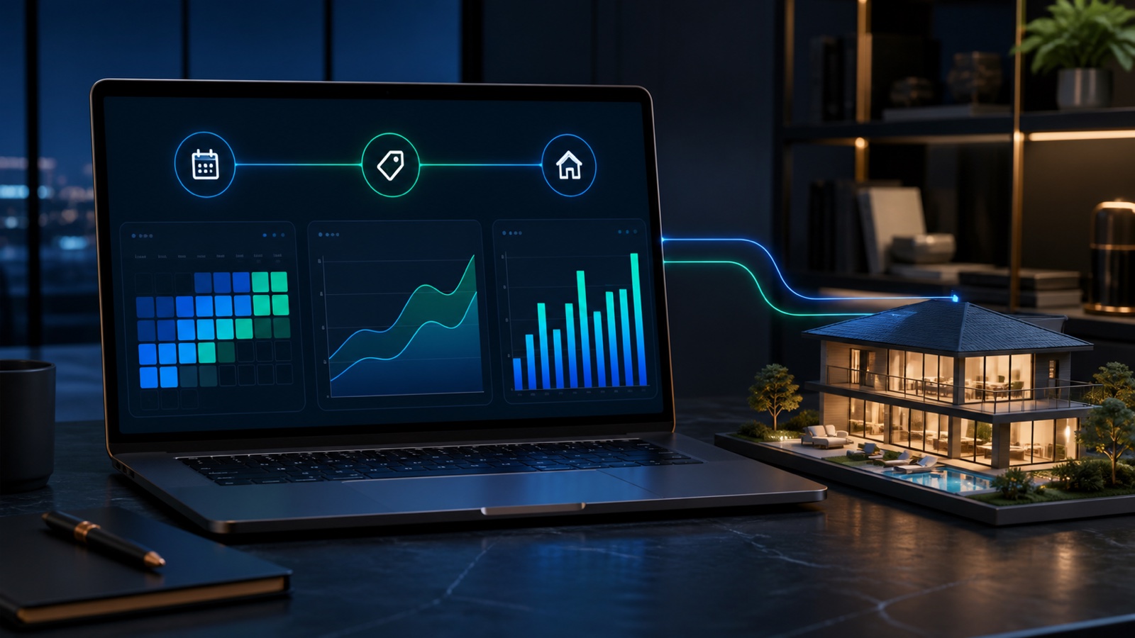 Vacation rental analytics software showing occupancy, nightly rate, and revenue charts beside a property model