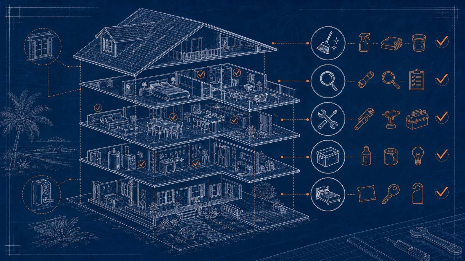 Blueprint of a vacation rental showing cleaning, inspection, maintenance, inventory, and readiness layers