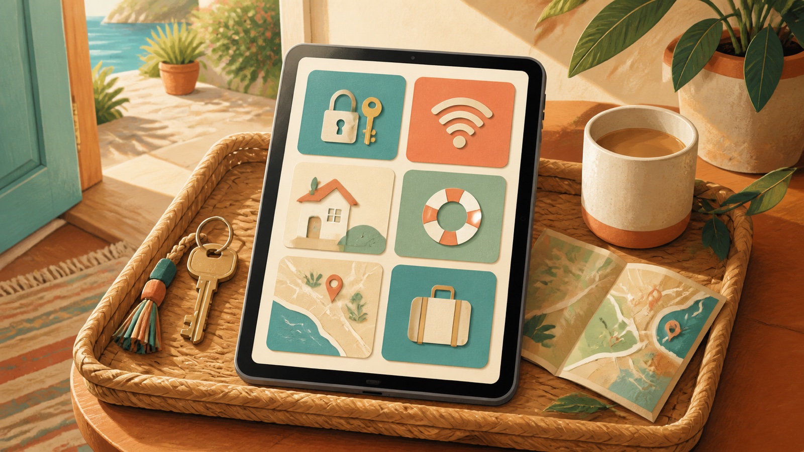 Tablet displaying a digital vacation rental welcome book with access, Wi-Fi, home, help, map, and travel icons