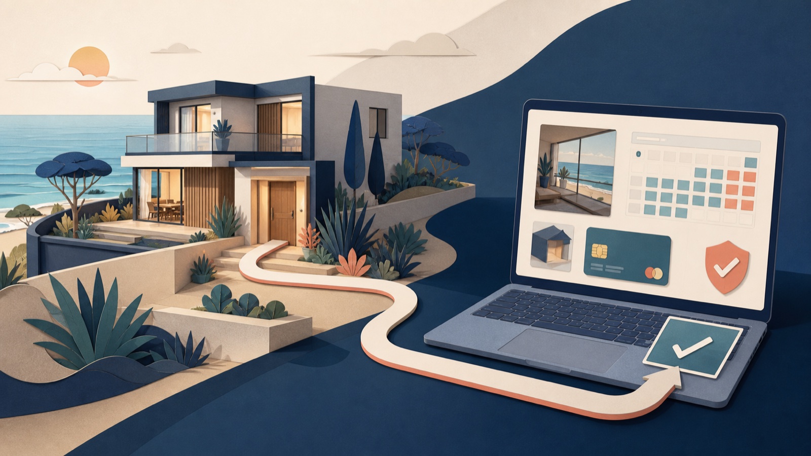 Illustrated vacation rental connected to a direct booking website with calendar and secure payment