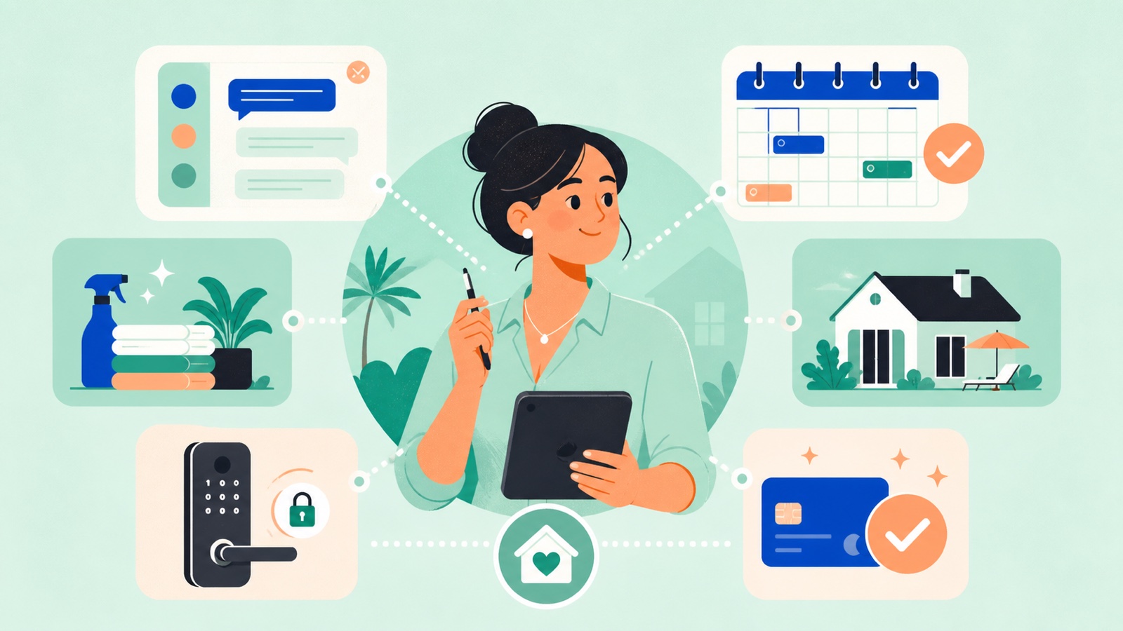 Vacation rental host coordinating messages, calendars, cleaning, smart access, and payments