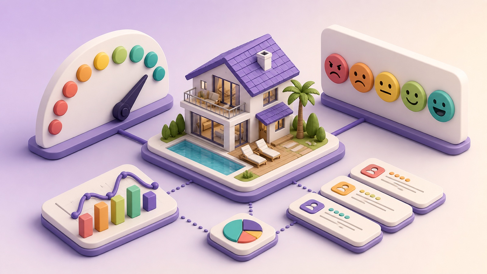 Three-dimensional vacation rental connected to recommendation and satisfaction measurement panels
