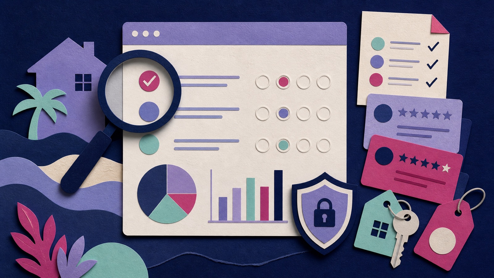 Paper-cut illustration reviewing a guest survey platform with charts, checklist, privacy shield, keys, and feedback cards