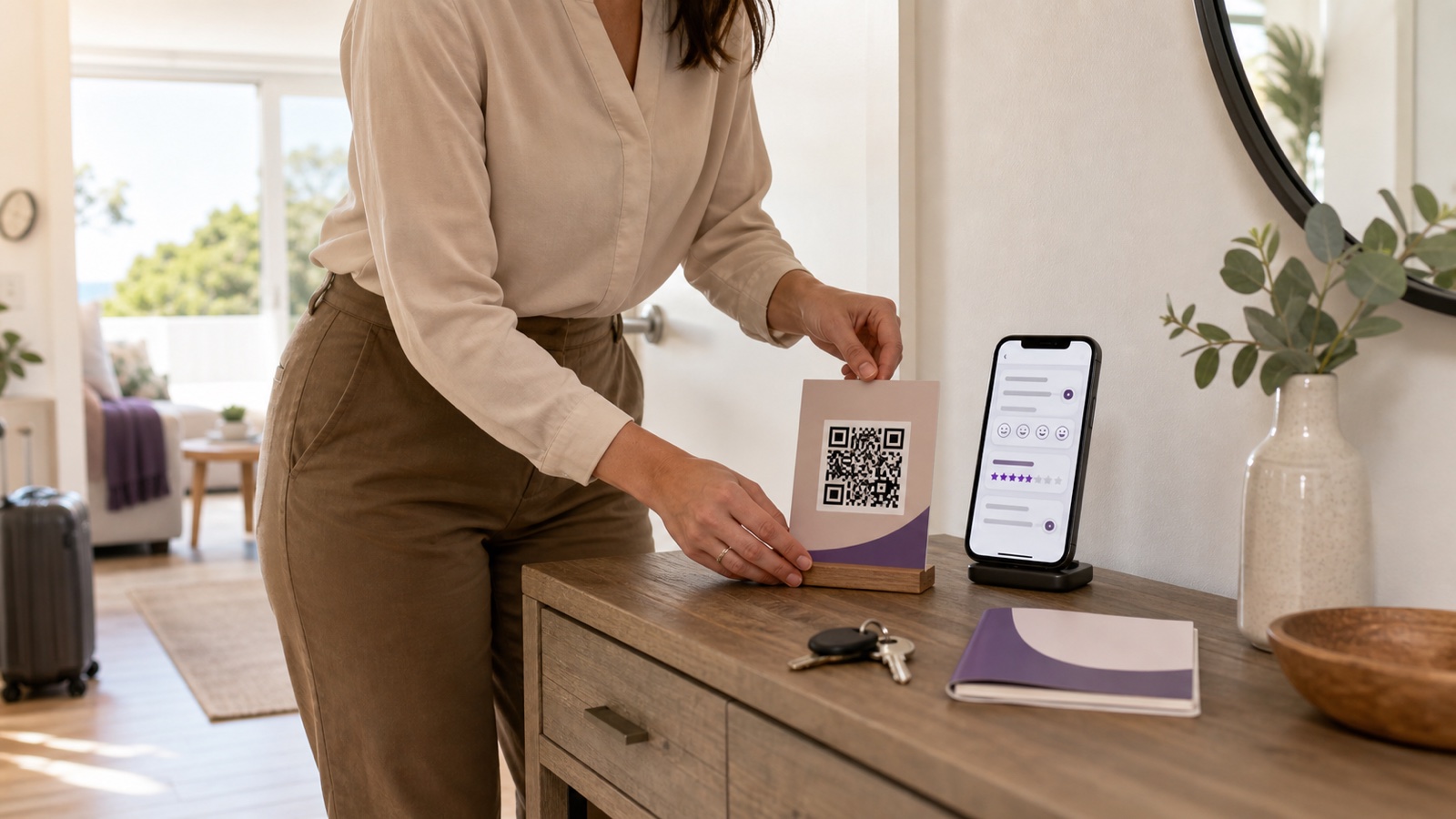 Vacation rental host placing a guest satisfaction survey QR card beside a mobile feedback form