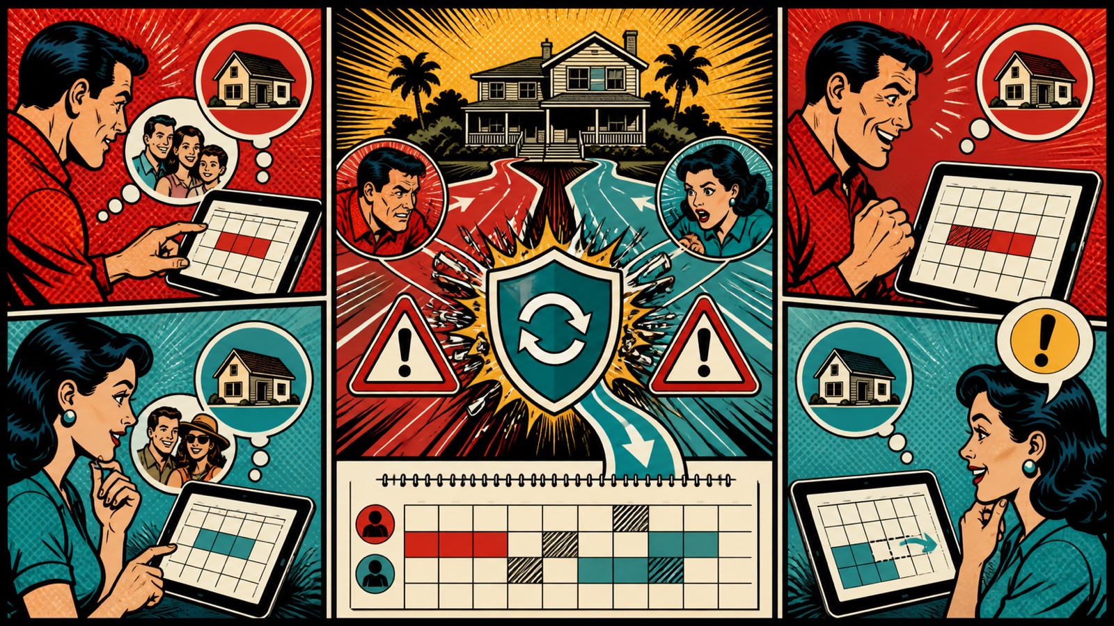 Comic illustration showing synchronization preventing two reservations from colliding on the same rental dates