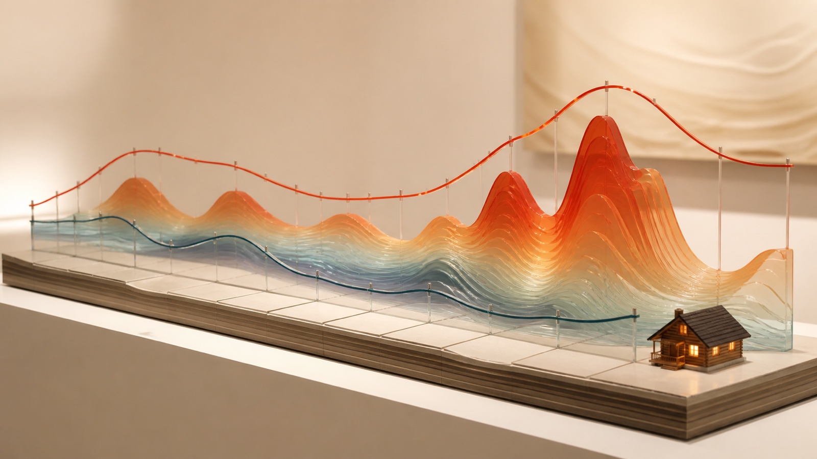 Physical dynamic pricing data landscape with demand peaks, price boundaries, calendar tiles, and a vacation cabin