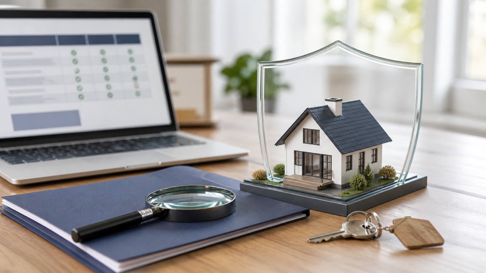 Vacation rental house protected by a transparent shield beside an insurance comparison dashboard