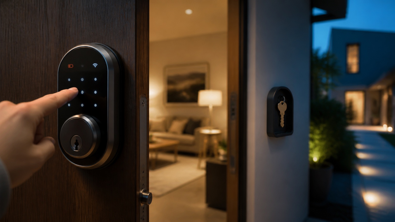 Guest using a keypad smart lock at a vacation rental with battery and Wi-Fi status indicators