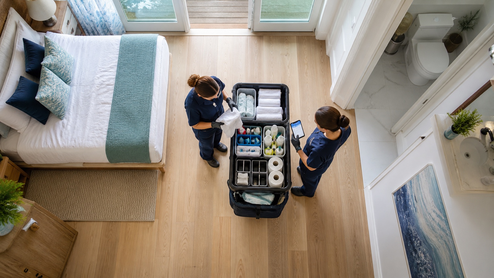 Professional vacation rental cleaners coordinating a turnover with a mobile checklist and organized supplies