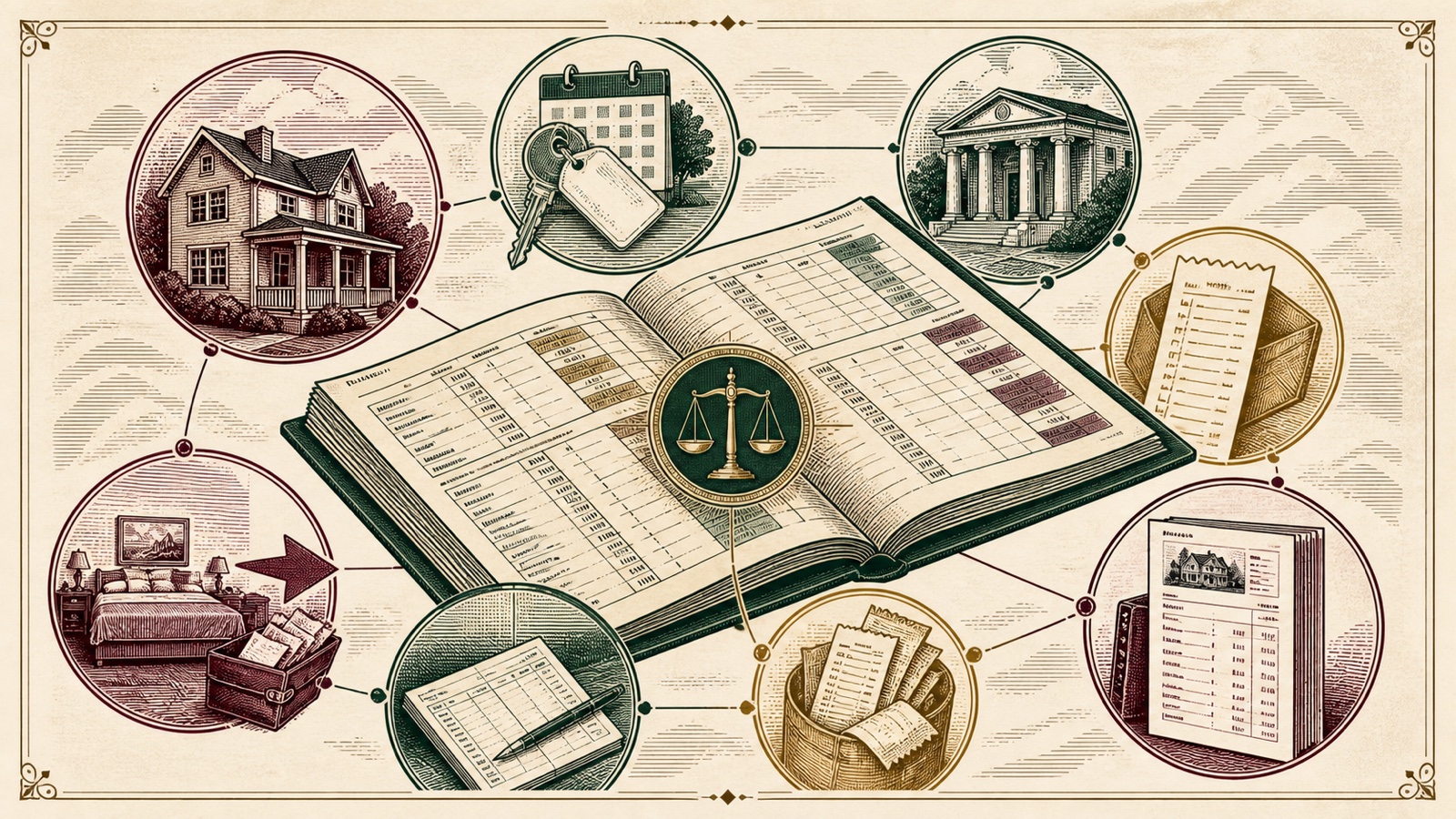 Engraved vacation rental accounting illustration with ledger, payouts, expenses, receipts, and reconciliation