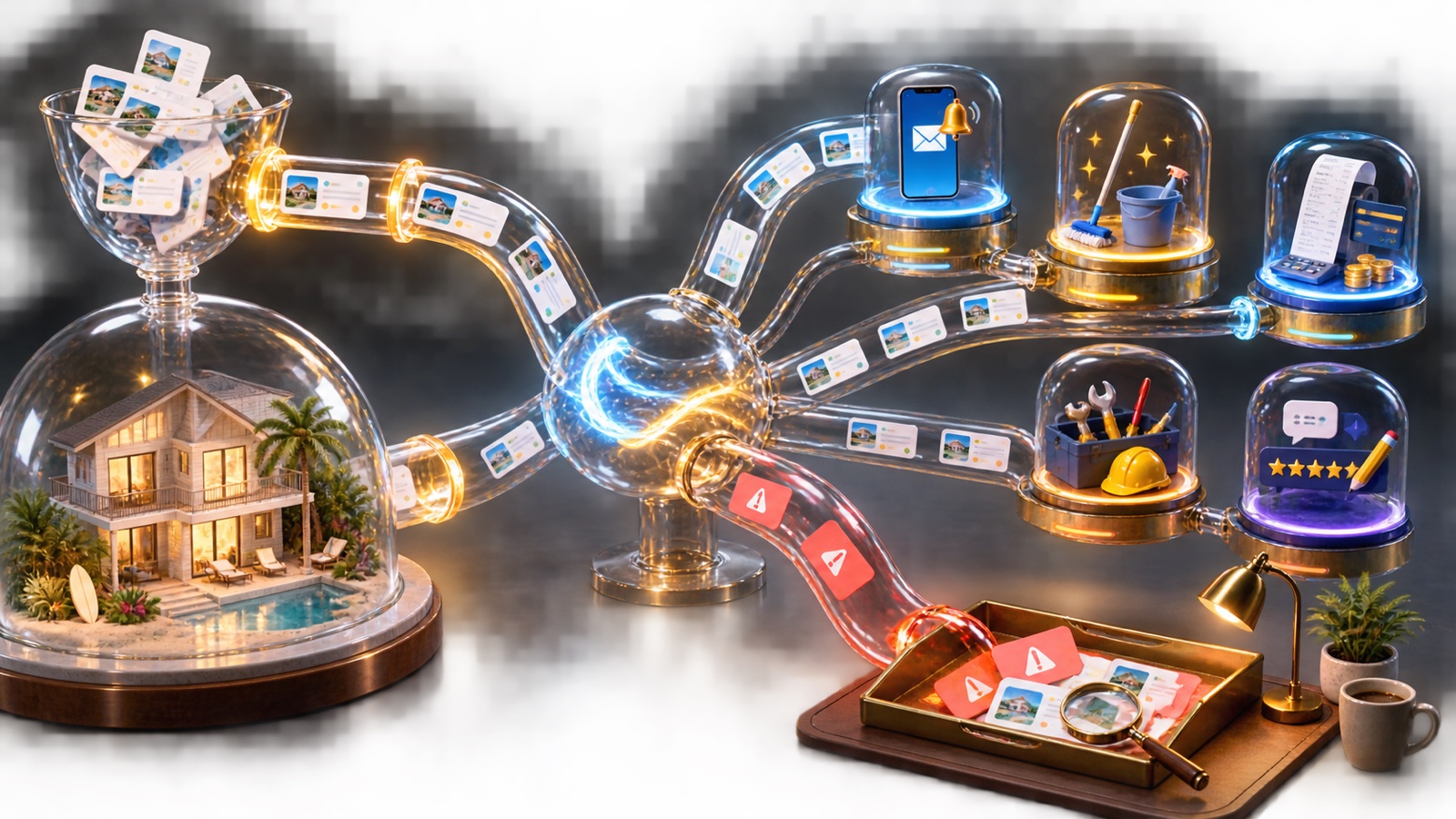 Glass automation pipeline routing vacation rental bookings to messages, cleaning, maintenance, accounting, and reviews