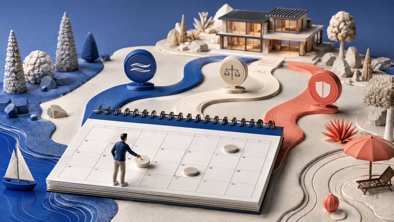 Three-dimensional booking calendar with different paths leading to a vacation rental home