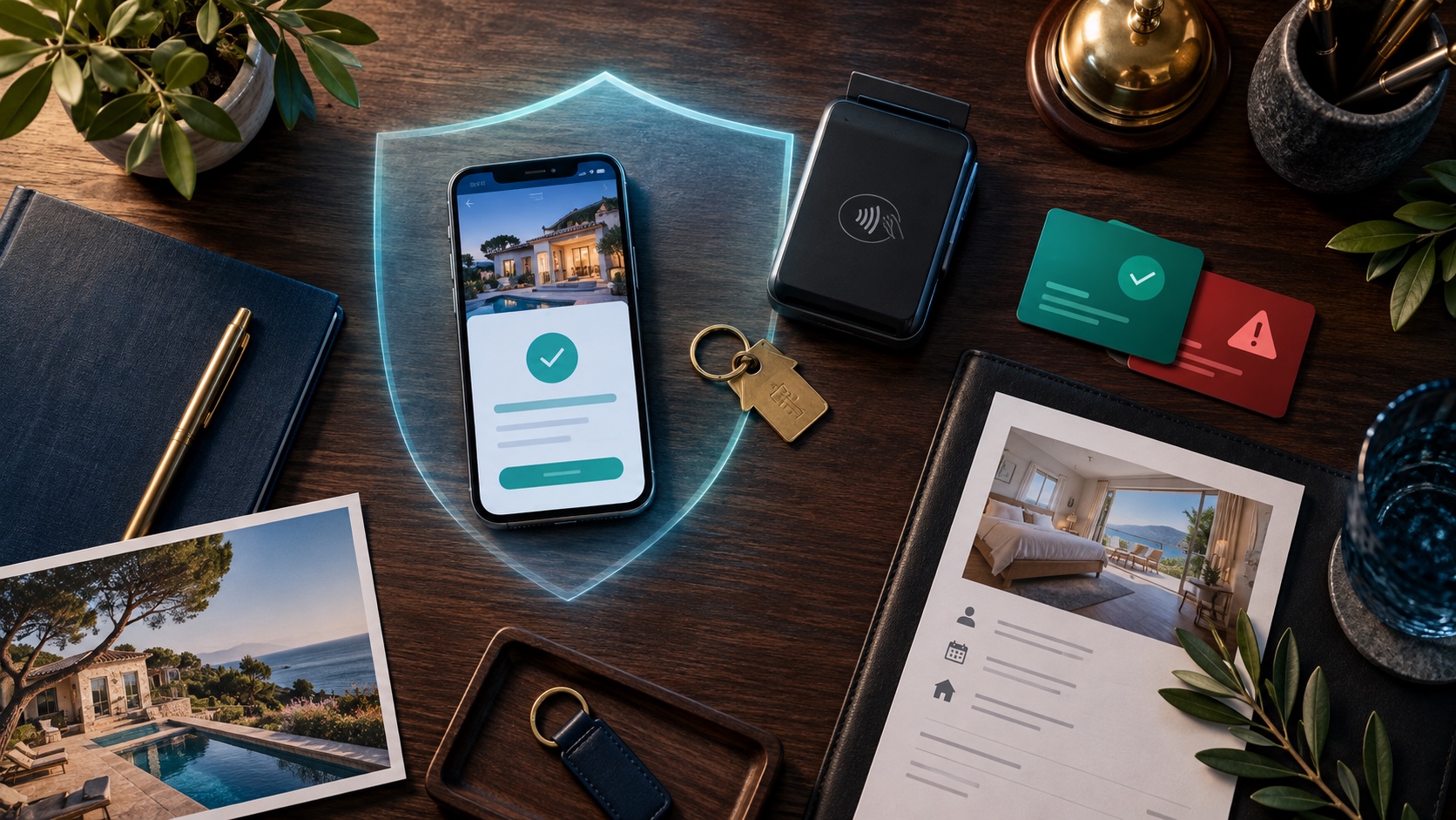 Direct booking payment processing desk with secure checkout, card reader, property keys, and dispute alert
