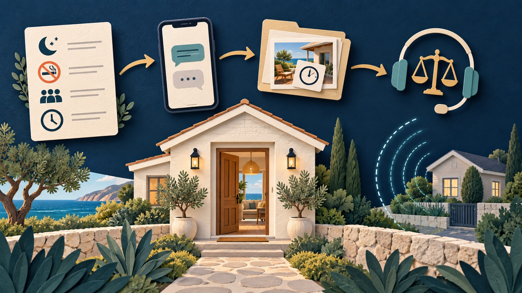 Editorial house rule enforcement workflow with rule icons, guest message, evidence folder, support headset, and protected neighboring home