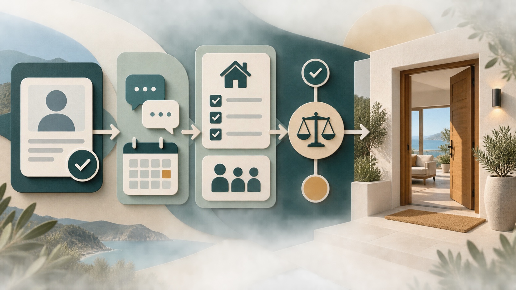 Fair guest-screening decision path connecting a booking profile, house rules, and a vacation rental
