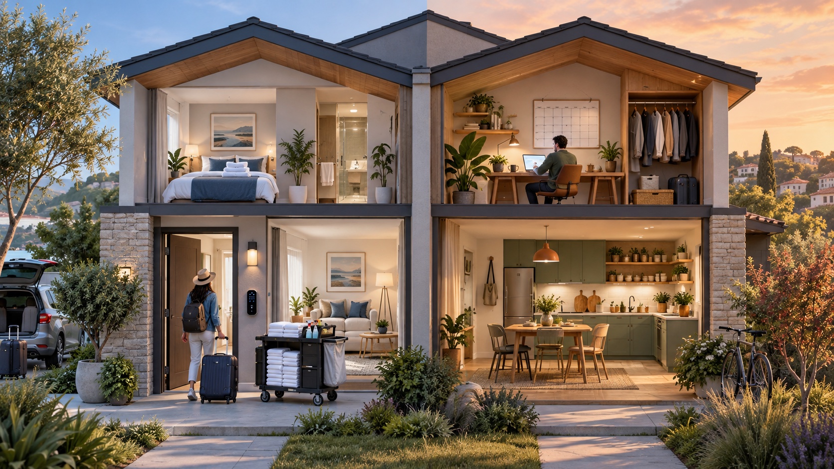 Split townhouse comparing a short-term guest arrival and housekeeping turnover with a mid-term resident working at home