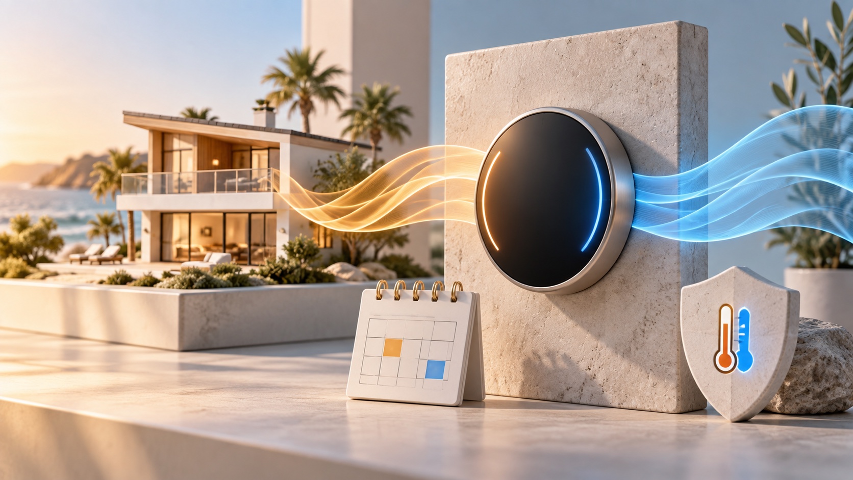 Unbranded smart thermostat balancing warm and cool airflow beside a modern vacation rental