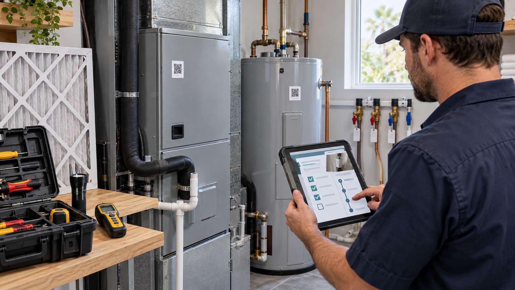 Maintenance technician documenting HVAC and water-heater inspections in a digital vacation rental maintenance log