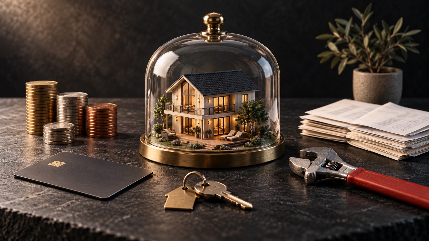 Protected vacation rental model surrounded by repair tools, invoices, keys, and organized reserve funds.