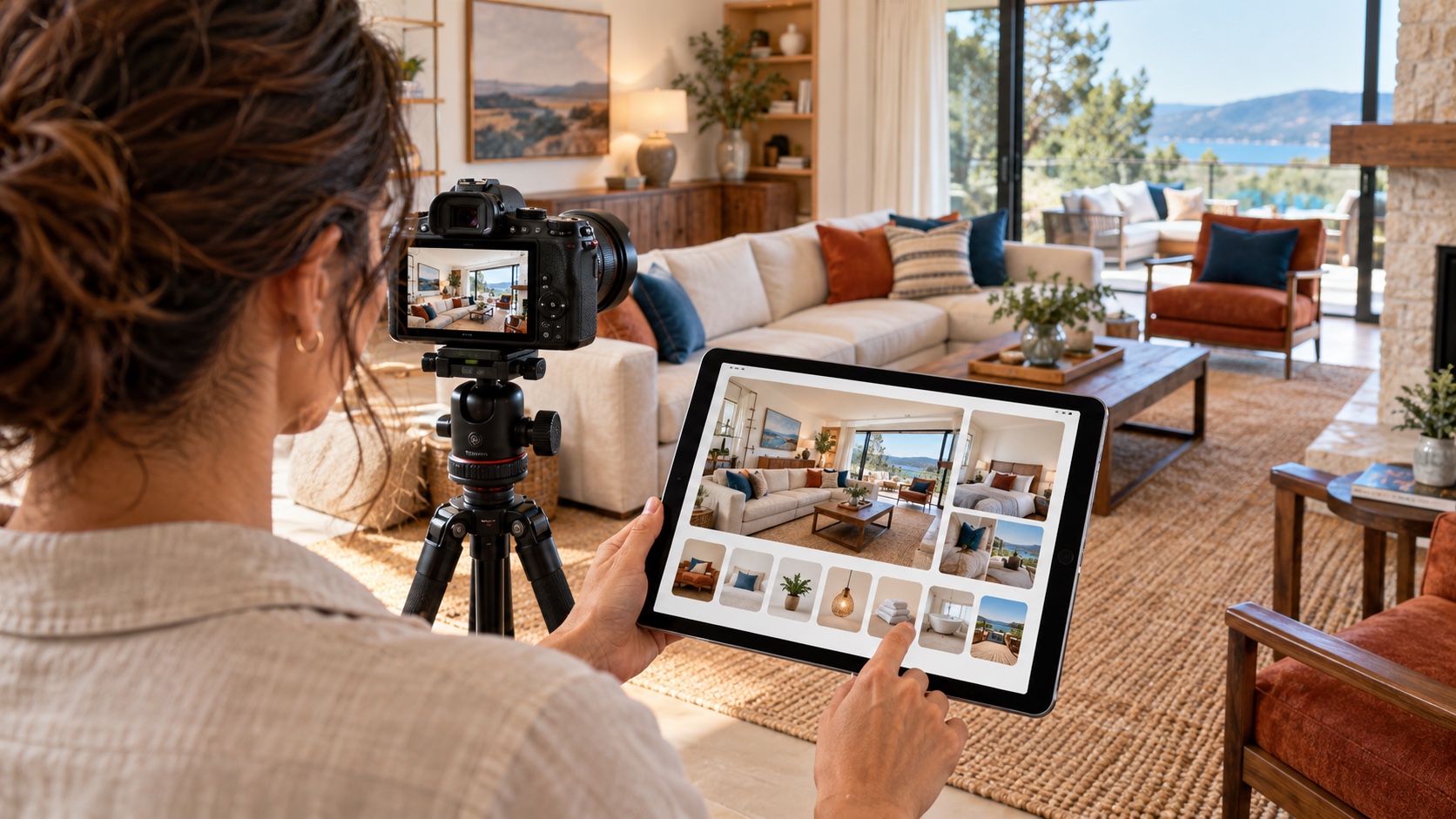 Host comparing a vacation rental's real living room with listing photos during an Airbnb listing audit.