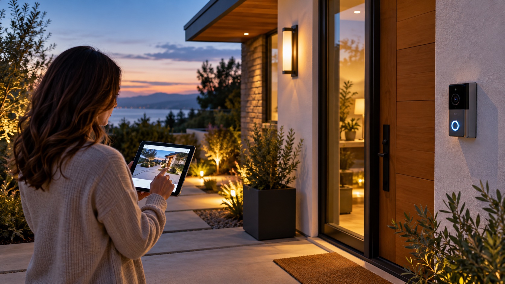 Exterior doorbell camera monitoring only the entrance of a modern vacation rental while a host reviews privacy settings.