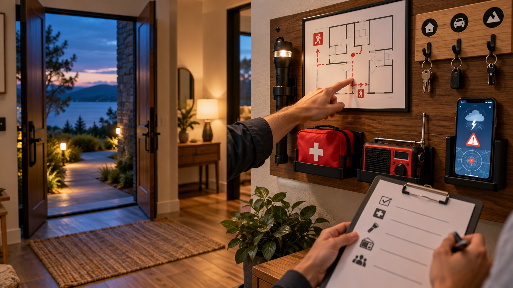 Host pointing to an evacuation map beside a prepared emergency station in a vacation rental
