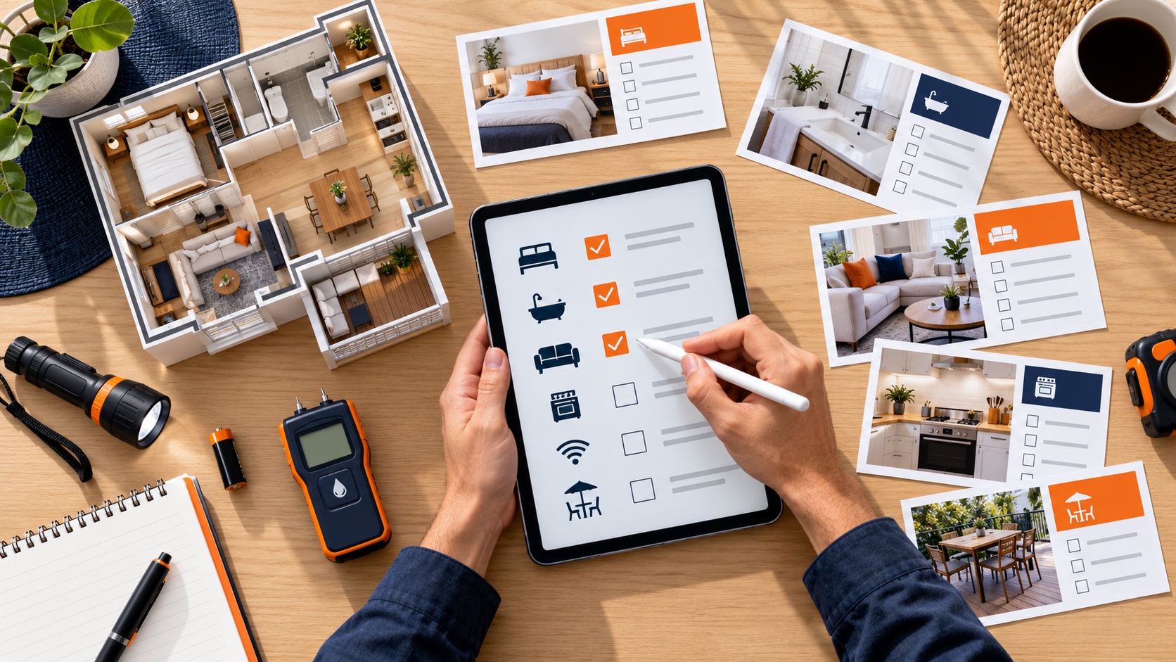 Host completing a room-by-room vacation rental inspection checklist on a tablet.