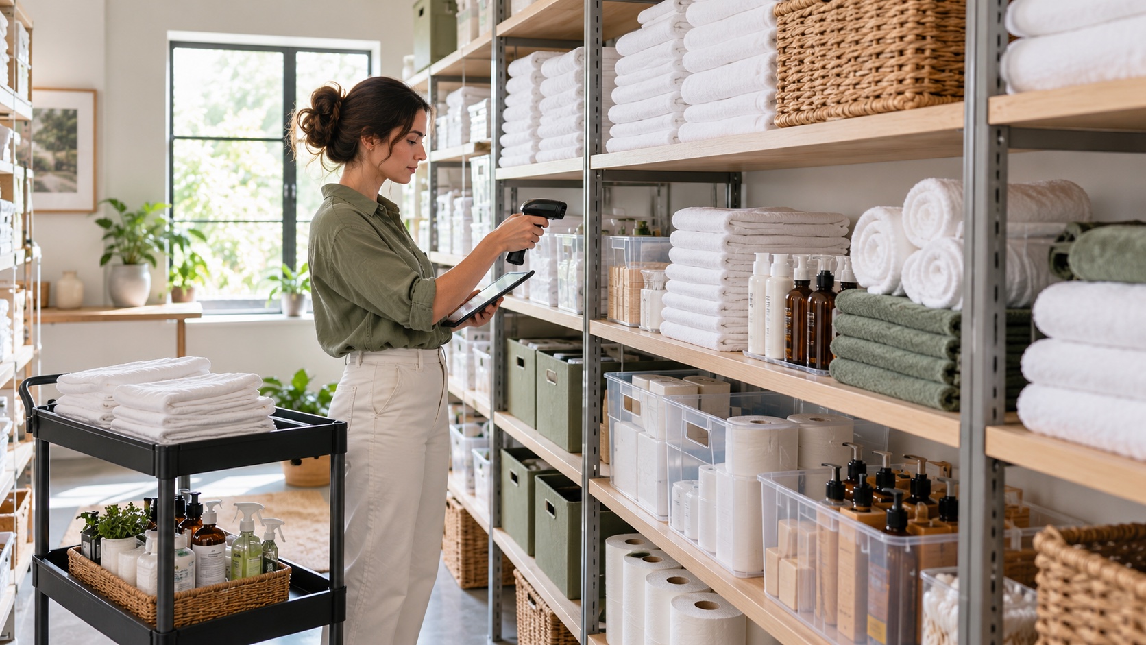 Property manager scanning organized linens and guest supplies in a vacation rental stockroom.