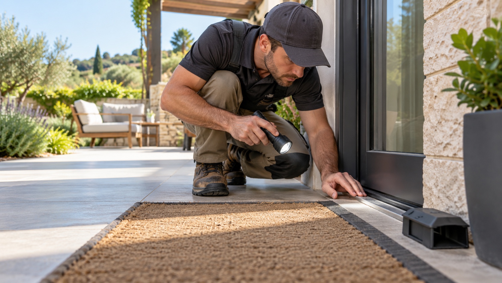 Pest-control technician inspecting a sealed vacation rental door threshold with a flashlight.