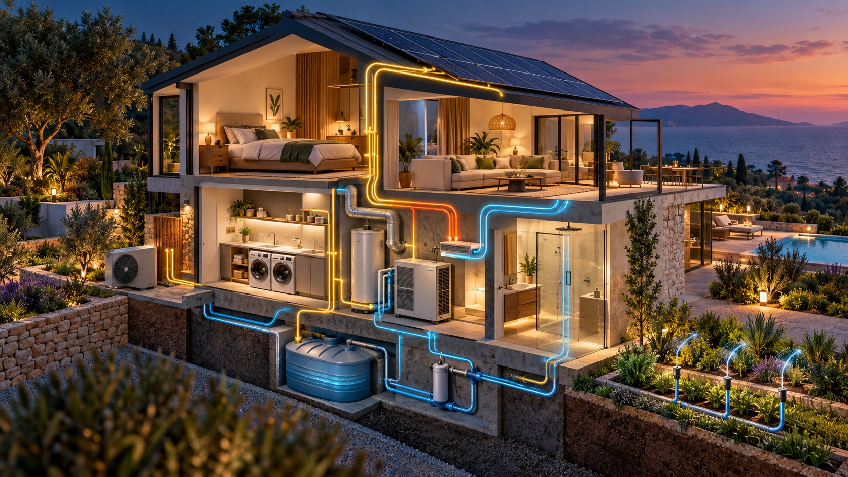 Architectural cutaway showing utility systems serving comfortable rooms in a modern vacation rental.