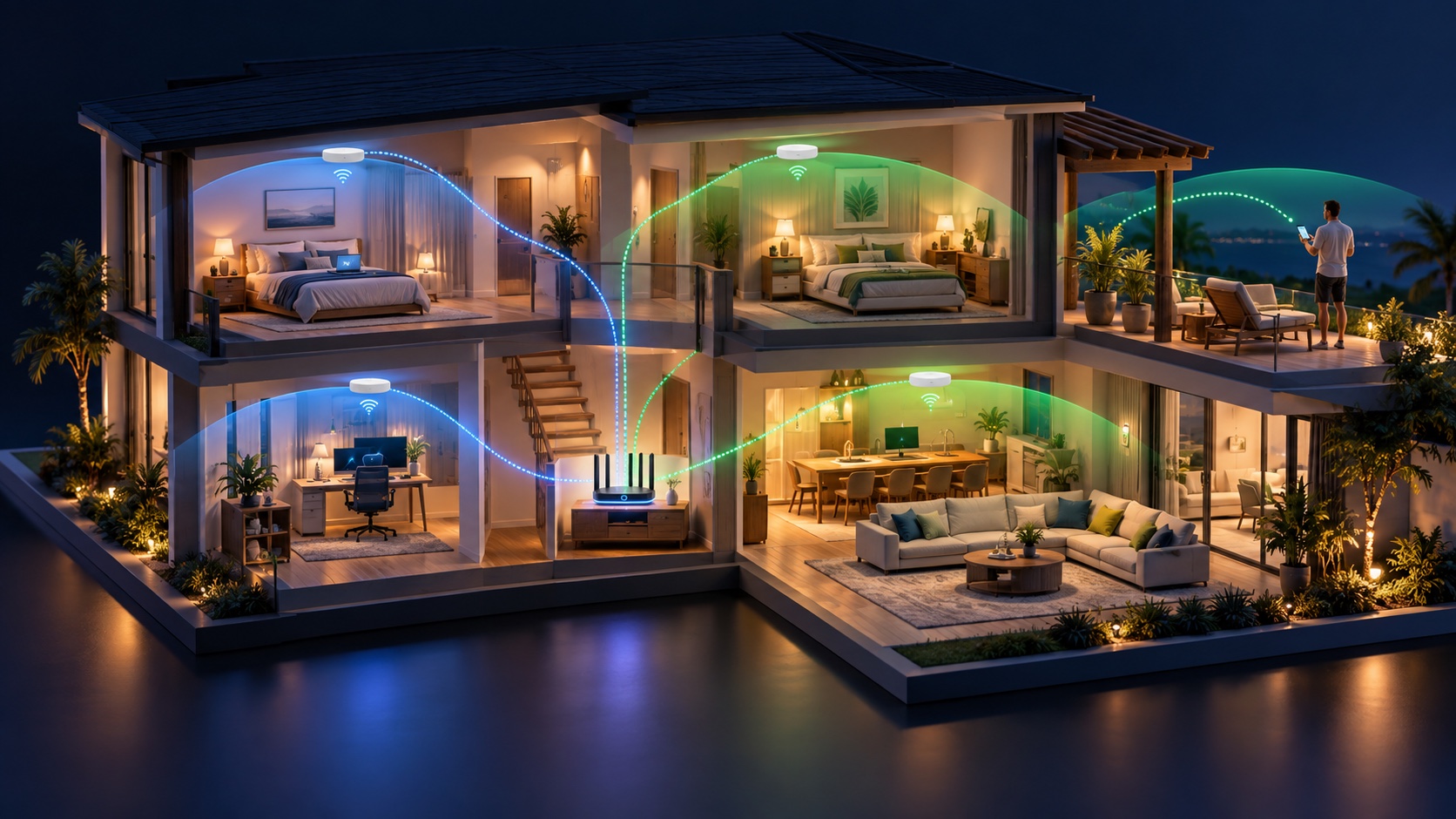 Cutaway vacation rental model showing Wi-Fi coverage from a router and multiple access points.